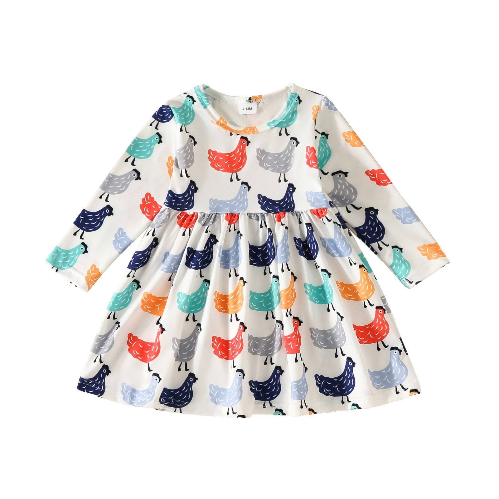 Girls Dresses Round Neck Long Sleeve Cartoon Chicken Print ALine