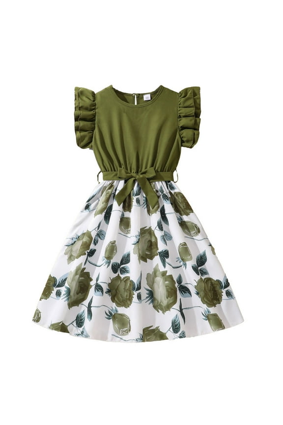 Girls Dresses Ruffle Short Sleeve Patchwork Flower Printed High Waist Long Dress With Belt Leisure Dailywear 7-8 Years