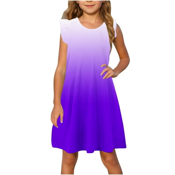 Girls Dresses Ruffle Sleeve Child Summer Casual T Shirt Dresses Flowy Dresses Gradient Printed A-Line Midi Tank Sundress Girls Beach Dress Purple 9Y