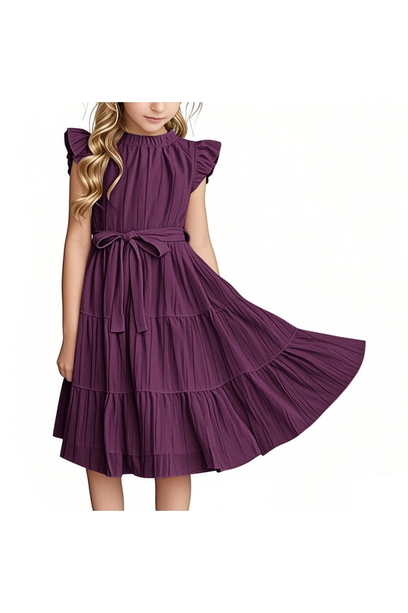 Girls Dresses Ruffle Sleeve Summer Dress Ruffle Neck Dress Solid Color Children's Dress Elegant A Line Party Dress Children Festive Dress with Belt Purple 7-8 Years