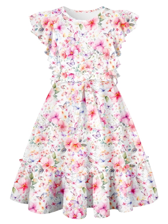 Girls Summer Dress Ruffle Flutter Sleeve A-Line Sundress Butterfly Floral Print with Waist Tie 7-13 Years
