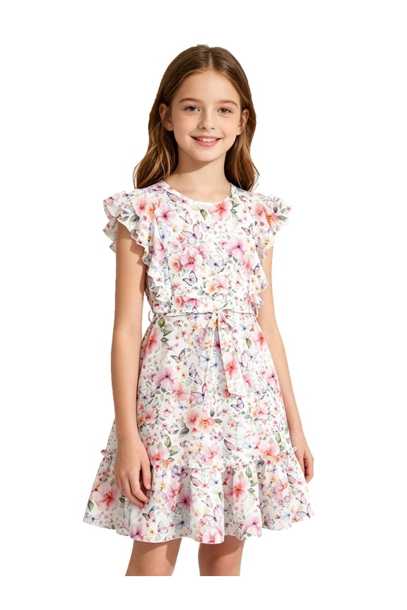Girls Dresses Ruffle Sleeveless A-Line Cute Church Dress Flutter Hem Butterfly Sundress with Belt 7-13 Years