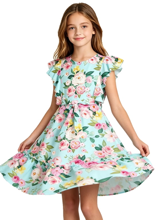 Girls Dresses Ruffle Sleeveless A-Line Cute Church Dress Flutter Hem Butterfly Sundress with Belt 7-13 Years