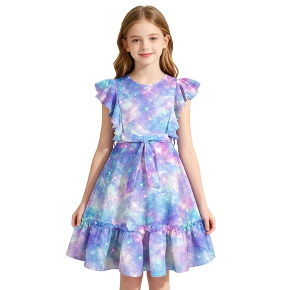 Aideaone Girls Dresses Ruffle Sleeveless A-Line Cute Church Dress Flutter Hem Butterfly Sundress with Belt 7-13 Years