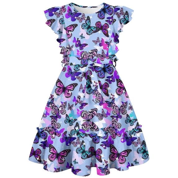 Aideaone Girls Summer Dress Ruffle Flutter Sleeve A-Line Sundress Butterfly Floral Print with Waist Tie 7-13 Years