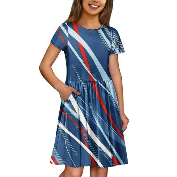 Girls Dresses Size 10-12 American Flag Dresses Short Sleeve Independence Day Stars Striped Dresses Patriotic 4th of July Outfits with Pockets