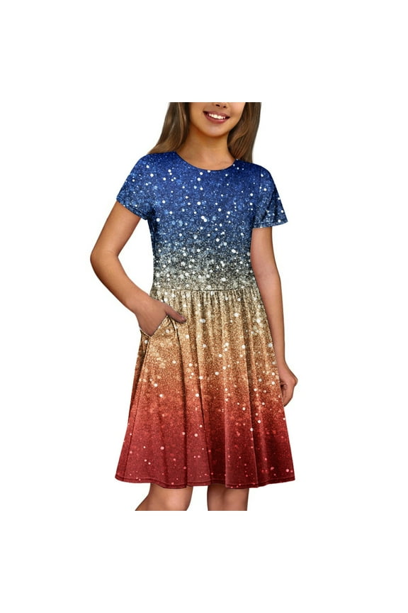 Girls Dresses Size 10-12 Kids 4th of July Dresses Short Sleeve Independence Day Stars Striped American Flag Dresses Patriotic Midi Dresses with Pockets