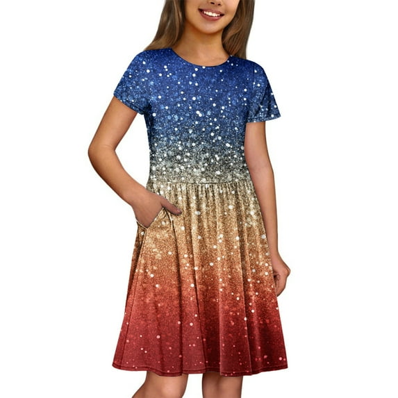 Girls Dresses Size 10-12 Kids 4th of July Dresses Short Sleeve Independence Day Stars Striped American Flag Dresses Patriotic Midi Dresses with Pockets