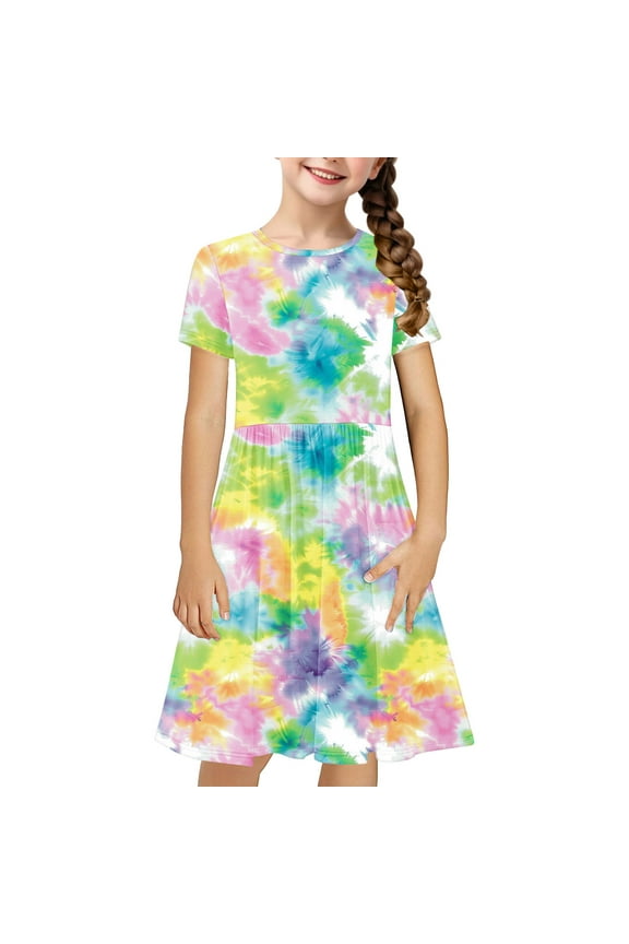 Girls Dresses Size 10-12 Tie Dye Gradient Crewneck Causal Sundress Fashion Short Sleeve Dress
