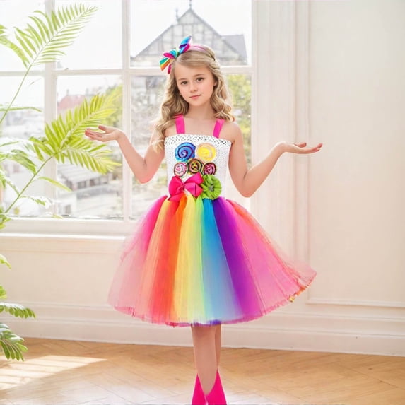 Girls Dresses Size 10-12Y Rainbow Floral Sundress Causal Candy Dance Party Comfortable Kids Princess Dress