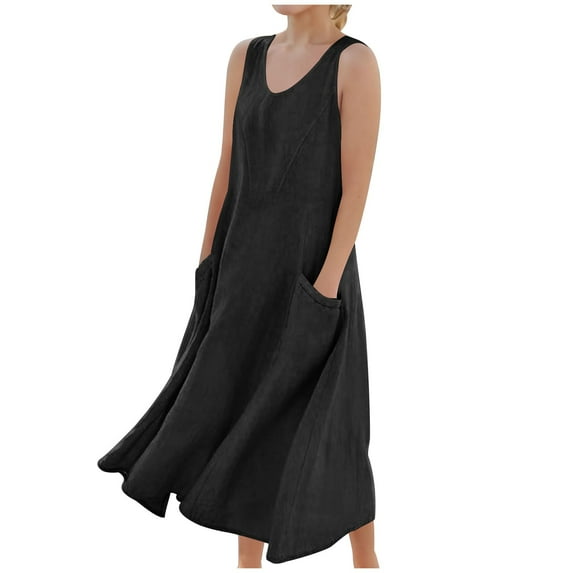 Girls Dresses Size 12 Plus Summer Cotton Linen Long Dress Sleeveless Elegant Flowy Dresses Plus Size Loose Comfy Dress with Pockets Solid Color Crew Neck Baggy Maxi Dresses Casual Outfits