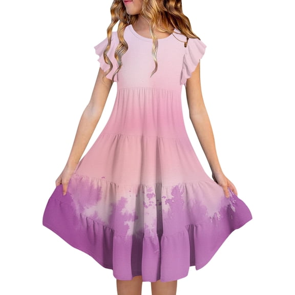 Girls Dresses Size 14-16 Crewneck Double Layer Flutter Sleeve Gradient Print Comfortable Flowy A Line Dress Dance Party Dresses,Purple,130