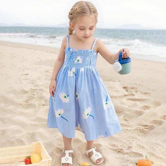Girls Dresses Size 2-3Y Floral Print Strappy Sundress Lightweight Summer Adjustable Ties Beach Casual Kids Dress