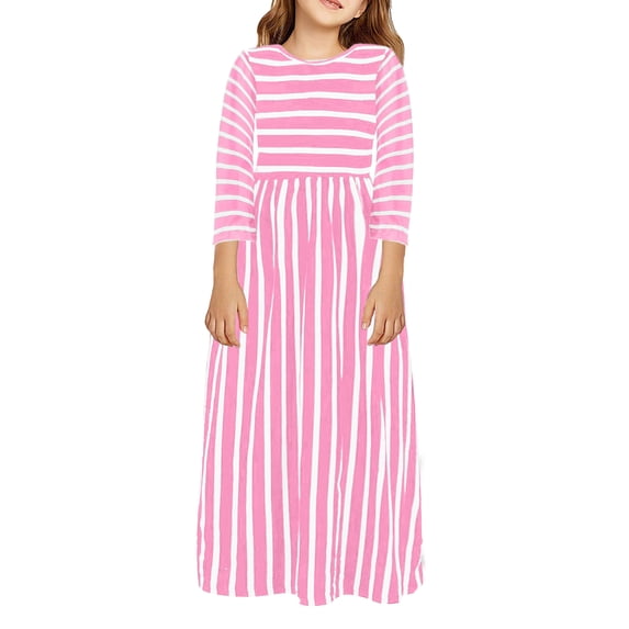 Girls Dresses Size 3-4Y Short Sleeve Striped Prints Long Dress Comfortable Crewneck Kids Casual Dresses