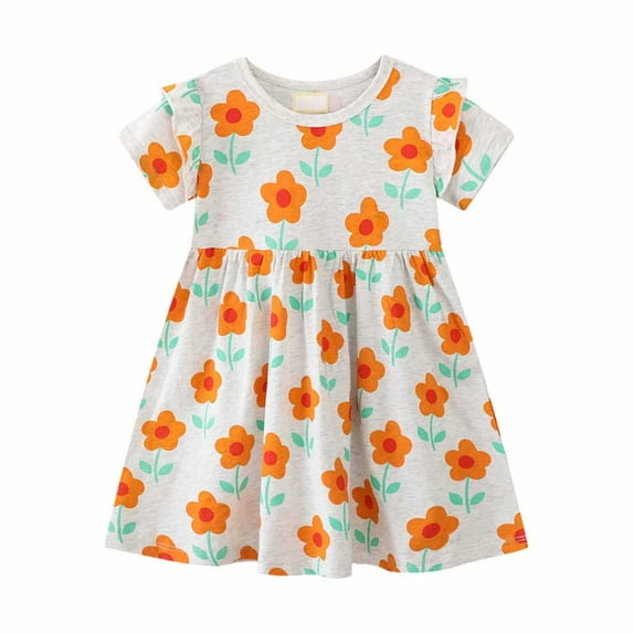 Girls Dresses Size 5 Floral Prints Crew Neck Short Sleeve Outfits Birthday Casual Toddler Little Girl Summer Dresses,Orange,2-3 Years