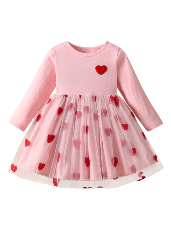 Girls Dresses Size 5 Toddler Baby Girl Valentines Day Crew Neck Long Sleeve Dress Heart Tutu Tutu Dresses Child Spring Fall Clothes Red,3-4 Years