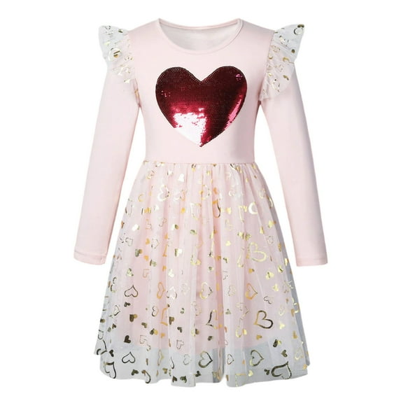 Girls Dresses Size 5 Valentines Day Pjs Heart Print Long Sleeve Ruffle Dress Girl Dress Children Tutu Skirt Pink,7-8 Years
