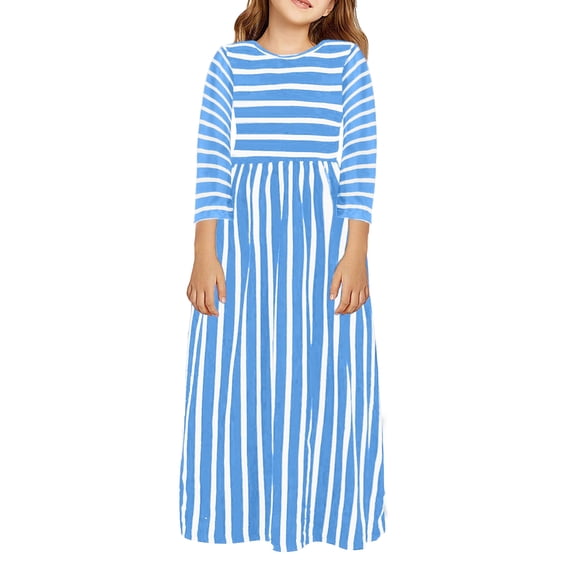 Girls Dresses Size 6-7Y Short Sleeve Striped Prints Long Dress Comfortable Crewneck Kids Casual Dresses