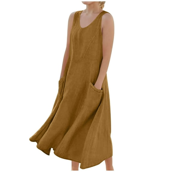 Girls Dresses Size 6 Summer Cotton Linen Long Dress Sleeveless Elegant Flowy Dresses Plus Size Loose Comfy Dress with Pockets Solid Color Crew Neck Baggy Maxi Dresses Casual Outfits