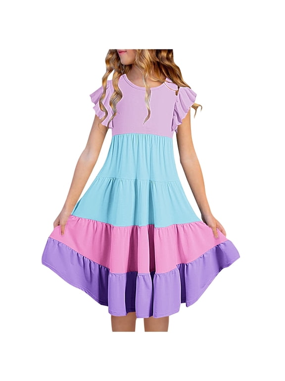 Girls Dresses Size 8 Fashion Striped Printed Crewneck Beach Dress with Pockets Summer Puff Sleeve Casual Dress
