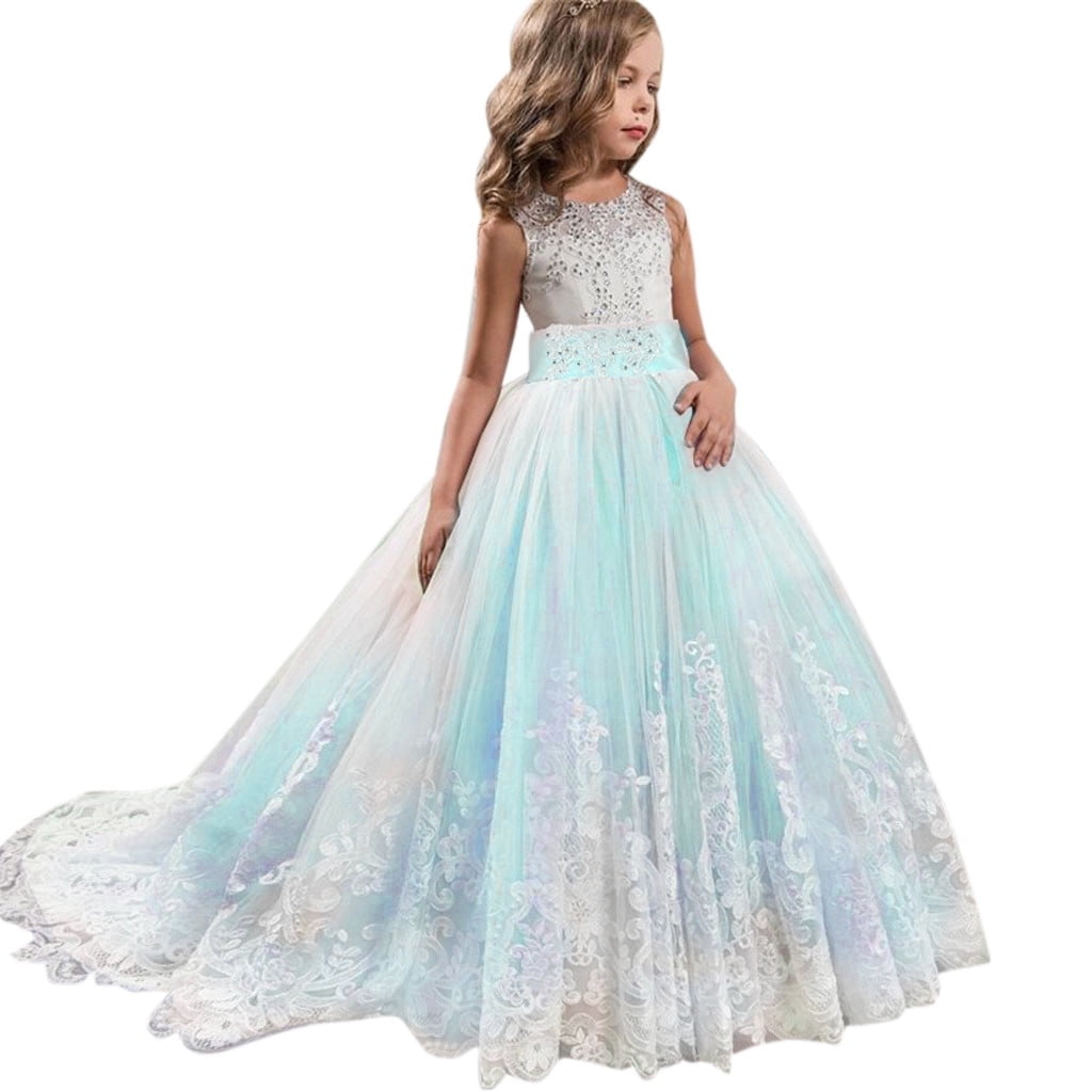 Adela Lace High Neck Ball Gown – Kids Pageant Wedding First Communion Dress With Train (Sky Blue)