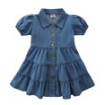thumbnail image 1 of Girls Dresses Sizes 4-5 Years A-Line Summer Short Sleeve Turndown Neck Frilly Denim Skirt Casual Fit & Flare Blue Sun Dress, 1 of 7