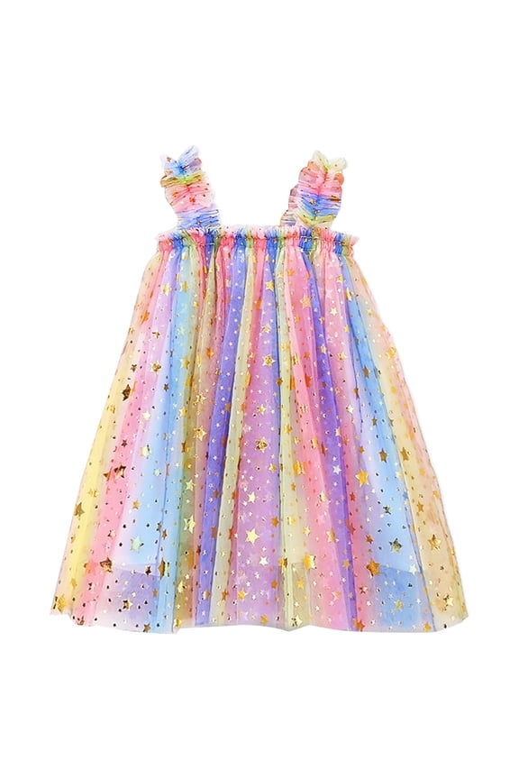 Girls Dresses Sleeveless Rainbow Tie Dyed Star Sequin Tulle Ruffles Princess Dance Partyes Clothes Tutu Dress For Girls Size 5-6T