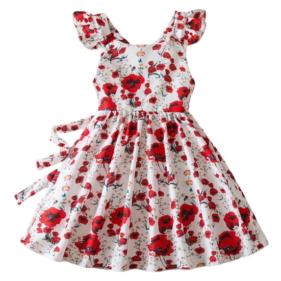 Girls' Dresses Sleeveless Suspenders Flowers Printses Clothes Flower Girl Dress Size 5-6T