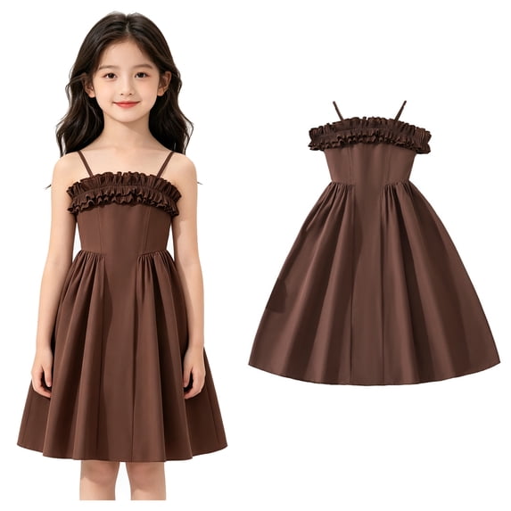 Girls' Dresses Spaghetti Strap Ruffle Flared Swing Dress Spring Dress for Girls 7-8 Years
