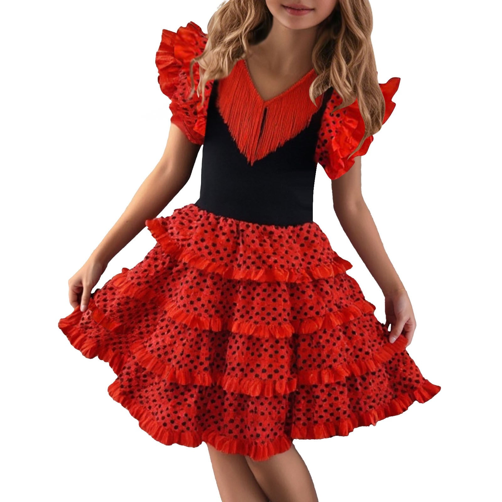 Girls Dress Spanish Dance Dress for Teen Kids Girls Color Block Sleeveless  V Neck Flamenco Dress for Children Little Girl Dresses RD1 8 years-9 years  - Walmart.com