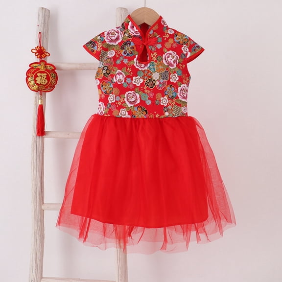 Girls Dresses Spring Fall Holiday Short Sleeve Chinese Qipao Floral Princess Dresses Girls Dress Red 4-5 Years