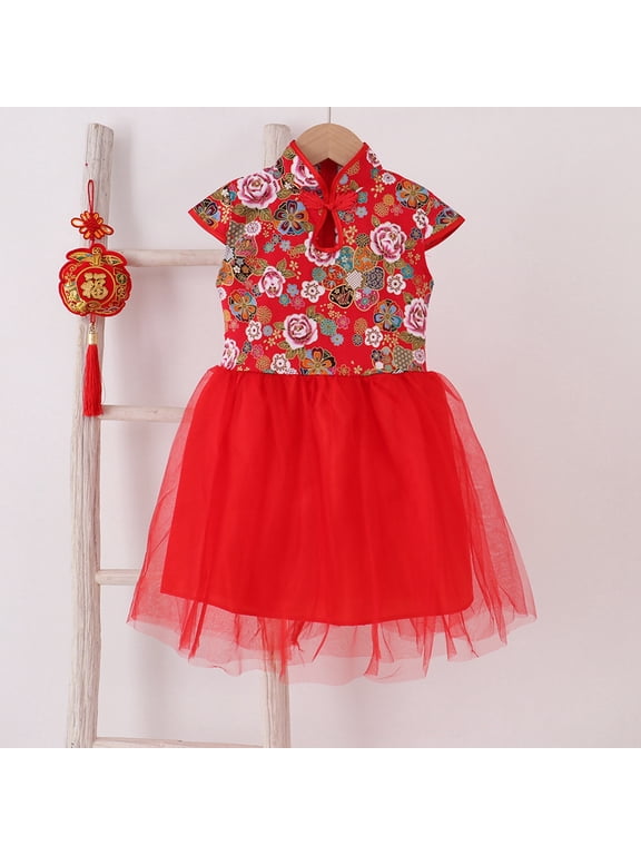 Girls Dresses Spring Fall Holiday Short Sleeve Chinese Qipao Floral Princess Dresses Girls Dress Red 4-5 Years
