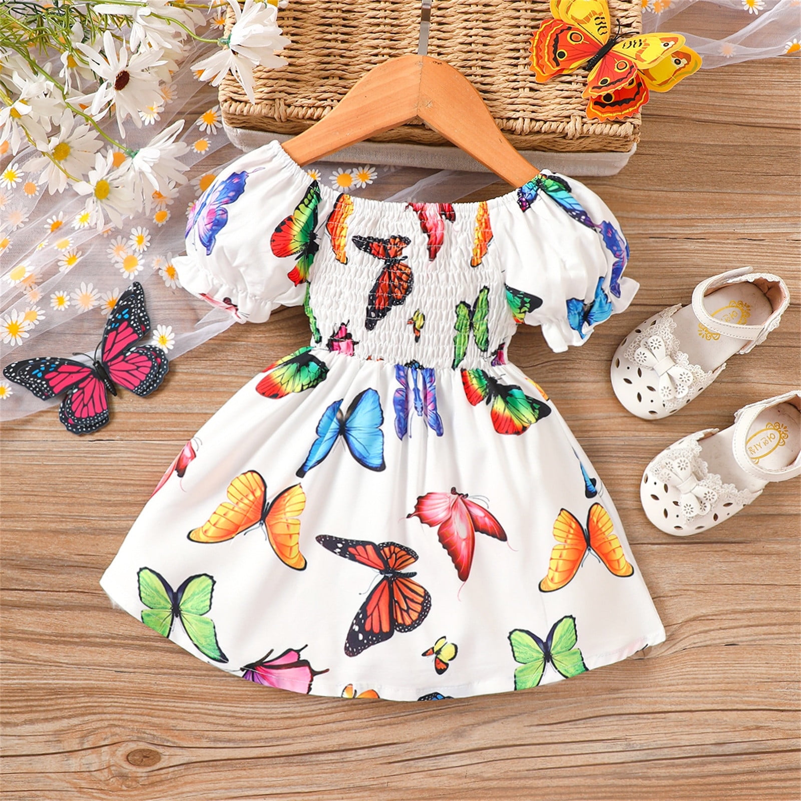 Girls Dresses Spring Summer Print Butterfly Ruffle Short Sleeve ...
