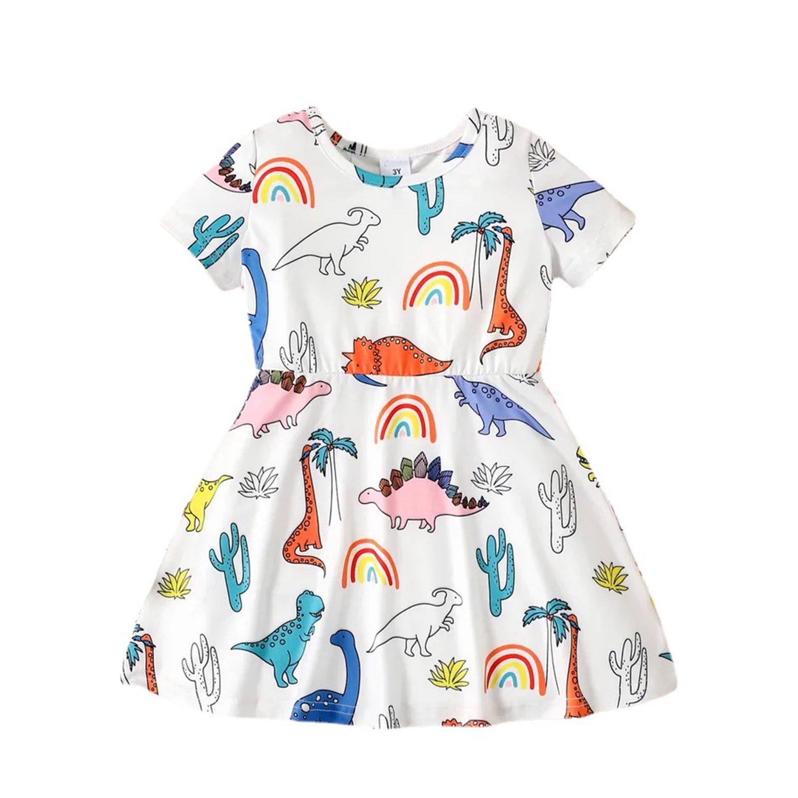 Girls Dresses Spring Summer Print Dinosaur Short Sleeve Princess Sweet ...