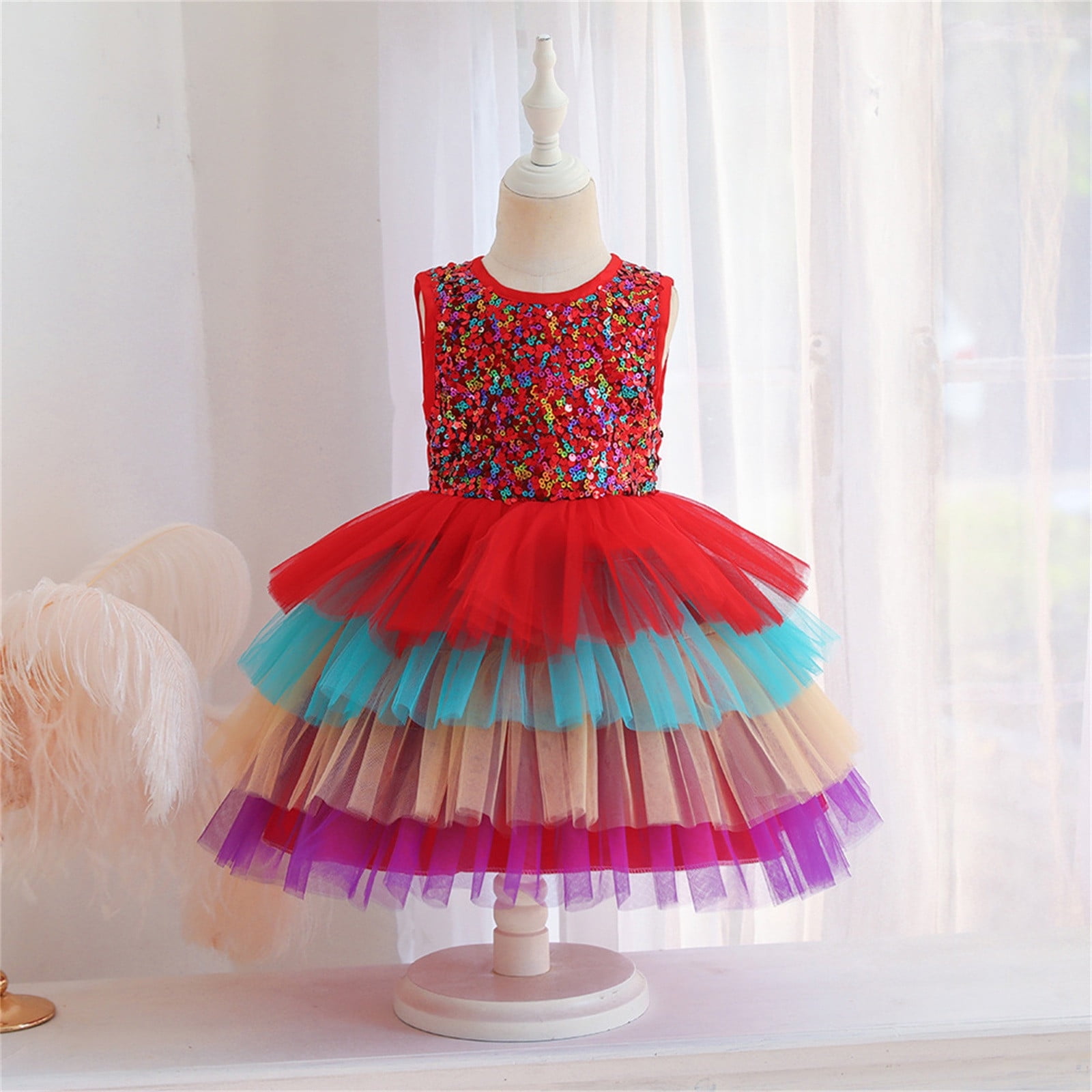 Girls Dresses Spring Summer Print Ruffle Sleeveless Show Lace Tulle ...