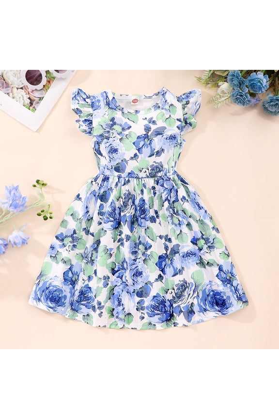 Girls Dresses Spring Summer Round Neck Flared Sleeve Cartoon Pattern Casual Kids Clothing