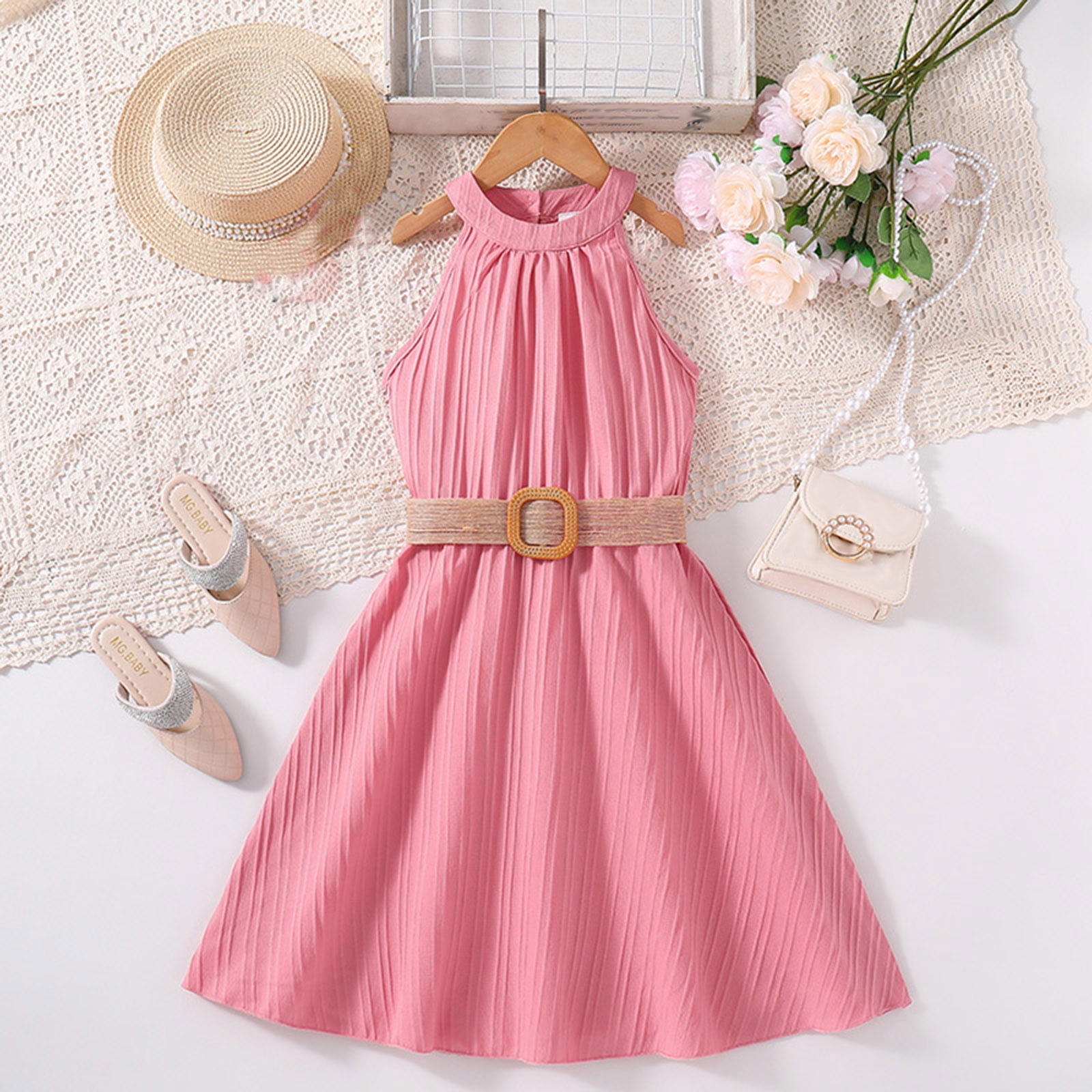Girls' Dresses Spring Summer Solid Color Halter Casual with Belt Girls ...