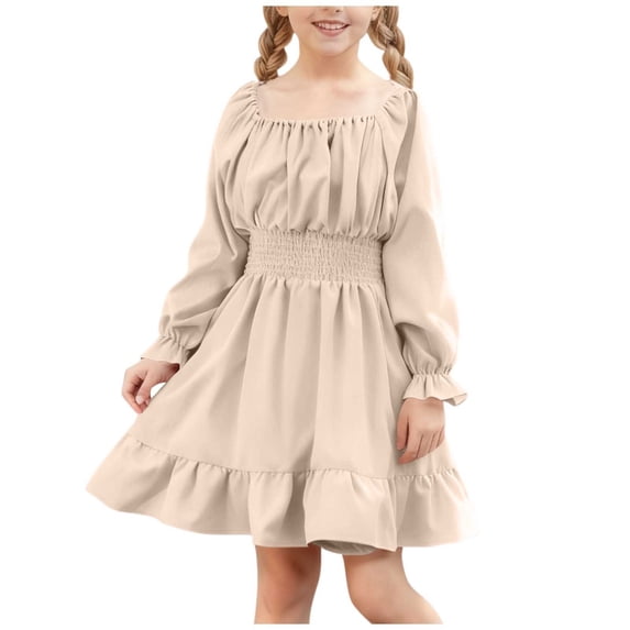Girls Dresses Square Neck Casual Long Sleeve Swing Party Dress Smock Elastic Waist Ruffle A Line Vintage Sundress