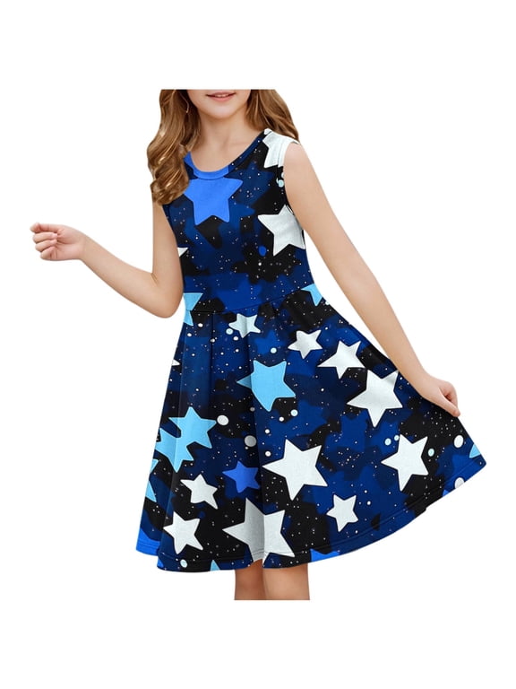 Dresses Star Graphic Ruffle Sleeveless Dress Flutter Hem A-Line Swing Pleated Tiered Beach Dress Casual Party Dress 4-13 Years
