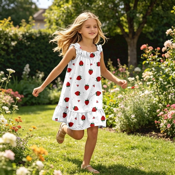 Girls Dresses Strawberry Print Ruffle Tiered Square Neck Spaghetti Strap Sundress Size 5-6Y