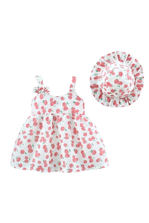 Girls Dresses Summer Bohemia Floral Ruffle Strap Sleeveless A Line Dresses Hat Toddler Dress White