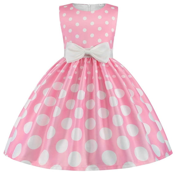 Girls Dresses Summer Bowknot Dot Printed Pageant Gown Birthday Party Princess Wedding Dress Summer Dress,Size 5 Years-6 Years