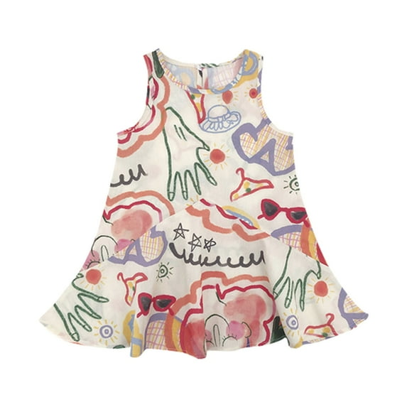 Girls Dresses Summer Dress Colorful Doodle Sleeveless Casual Summer Sundress Flower Girl Dress,Size 2 Years-3 Years