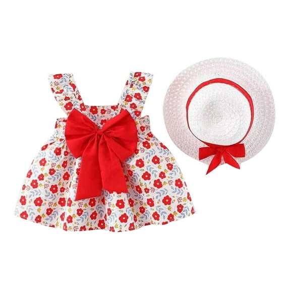 Girls Dresses Summer Floral Print Sleeveless Back Bow Swing Dresses Hat Baby Girl Dress C 18 Months-24 Months