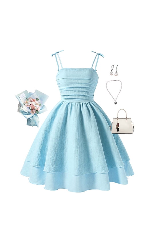 Girls Dresses Summer Girls Solid Color Dress With Bow Knot Sleeveless For Kids Blue 12
