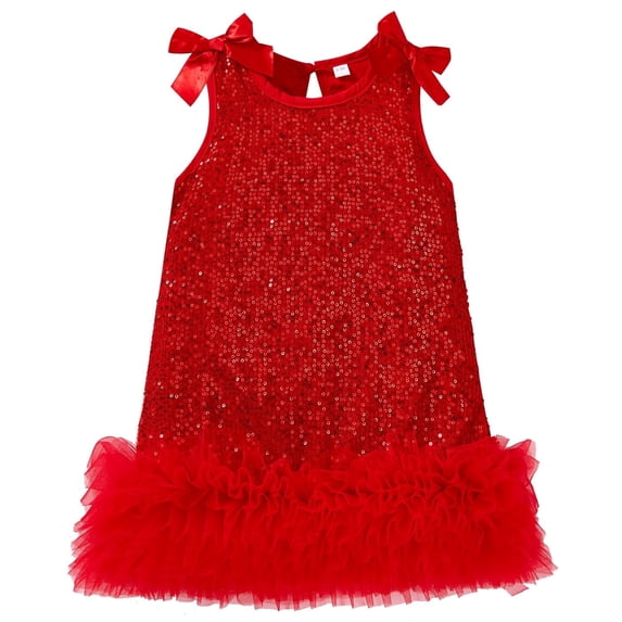 Girls Dresses Summer Outfits Toddler Ribbon Bow Sleeveless Shift Glitter Birthday Party Tulle Trim Ruffle Princess A-Line Kids Formal Champagne Dress 2-3T