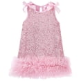 thumbnail image 1 of Girls Dresses Summer Outfits Toddler Ribbon Bow Sleeveless Shift Glitter Birthday Party Tulle Trim Ruffle Princess A-Line Kids Formal Champagne Dress 4-5T, 1 of 5