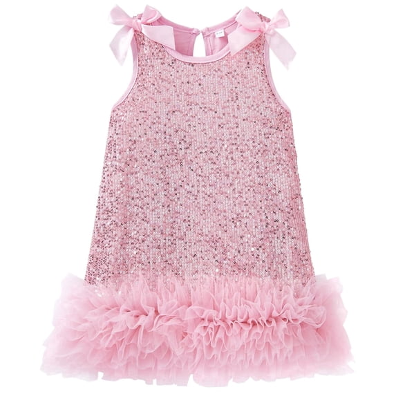 Girls Dresses Summer Outfits Toddler Ribbon Bow Sleeveless Shift Glitter Birthday Party Tulle Trim Ruffle Princess A-Line Kids Formal Champagne Dress 4-5T
