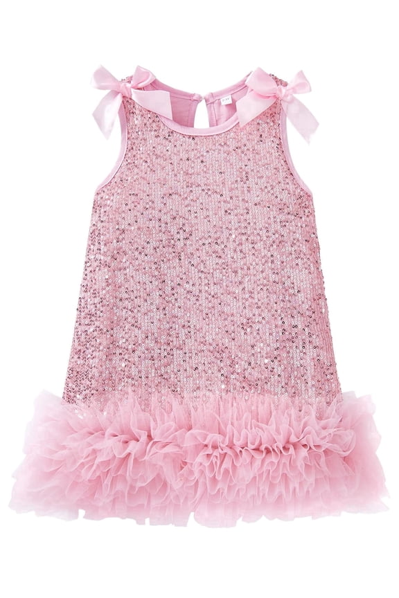 Girls Dresses Summer Outfits Toddler Ribbon Bow Sleeveless Shift Glitter Birthday Party Tulle Trim Ruffle Princess A-Line Kids Formal Champagne Dress 6-7 Years