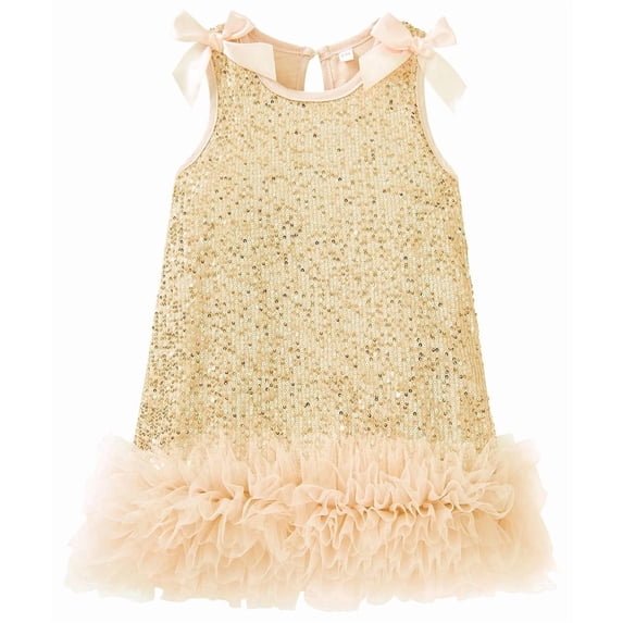 Girls Yellow Dresses Summer Outfits Toddler Ribbon Bow Sleeveless Shift Glitter Birthday Party Trim Ruffle Princess A-Line Kids Formal Champagne Dress 4-5T